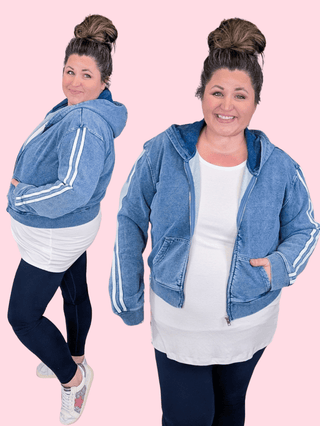 4- Overlayer Tops Marnie Denim-Look Full Zip Hoodie w/Accent Stripe plus size clothing