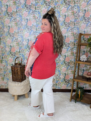 1- ShortSlv/Slvless Tops Marta Urban Ribbed Red Short Sleeve Top w/Flag Sides plus size clothing