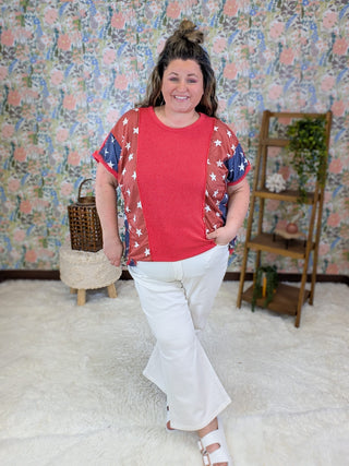 1- ShortSlv/Slvless Tops Marta Urban Ribbed Red Short Sleeve Top w/Flag Sides plus size clothing