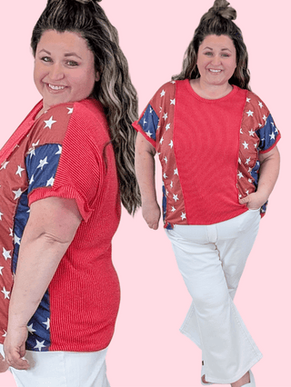 1- ShortSlv/Slvless Tops Marta Urban Ribbed Red Short Sleeve Top w/Flag Sides plus size clothing