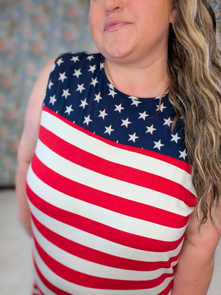 11- Dress/Romp/Jump Martha Sleeveless Dress in Americana Vibes plus size clothing