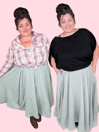 Martie Pull On Midi Skirt in Sage-10- Bottoms Non-Denim-WHITE BIRCH-Styled by Stacked - A Plus Size Women's Boutique in Lakeville, MN