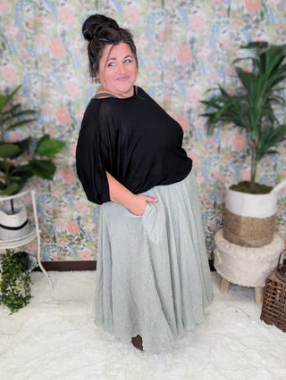 Martie Pull On Midi Skirt in Sage-10- Bottoms Non-Denim-WHITE BIRCH-Styled by Stacked - A Plus Size Women's Boutique in Lakeville, MN