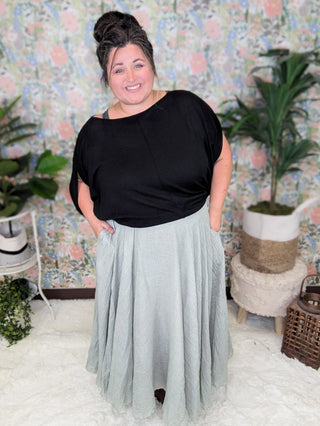 Martie Pull On Midi Skirt in Sage-10- Bottoms Non-Denim-WHITE BIRCH-Styled by Stacked - A Plus Size Women's Boutique in Lakeville, MN