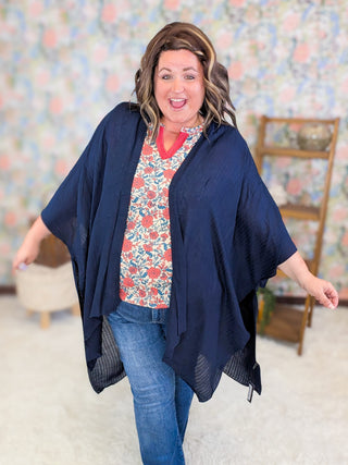 4- Overlayer Tops Martina Textured Stripe Solid Kimono in Deep Navy plus size clothing