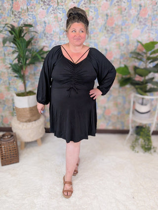 MaryAnne Cinched Center Strappy Black Dress w/Shorts-11- Dress/Romp/Jump-WHITE BIRCH-Styled by Stacked - A Plus Size Women's Boutique in Lakeville, MN