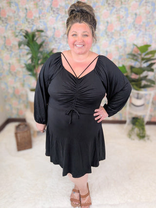 MaryAnne Cinched Center Strappy Black Dress w/Shorts-11- Dress/Romp/Jump-WHITE BIRCH-Styled by Stacked - A Plus Size Women's Boutique in Lakeville, MN