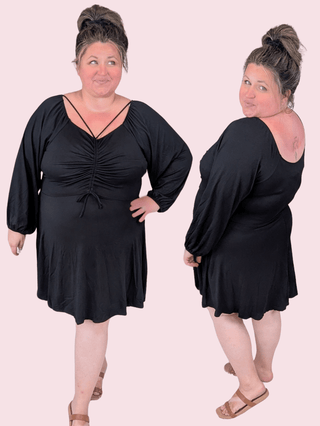 MaryAnne Cinched Center Strappy Black Dress w/Shorts-11- Dress/Romp/Jump-WHITE BIRCH-Styled by Stacked - A Plus Size Women's Boutique in Lakeville, MN