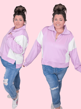 2- Long Sleeve Tops Matilda Scuba Halfzip in Lavender + Ivory plus size clothing