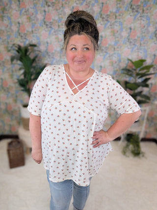 Mattie Criss-Cross Ditsy Floral Thermal Short Sleeve on Ivory-1- ShortSlv/Slvless Tops-HEIMISH-Styled by Stacked - A Plus Size Women's Boutique in Lakeville, MN