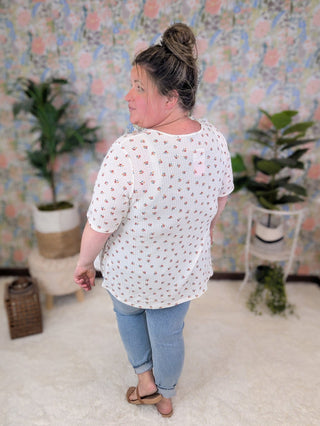 Mattie Criss-Cross Ditsy Floral Thermal Short Sleeve on Ivory-1- ShortSlv/Slvless Tops-HEIMISH-Styled by Stacked - A Plus Size Women's Boutique in Lakeville, MN