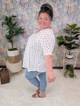 Mattie Criss-Cross Ditsy Floral Thermal Short Sleeve on Ivory-1- ShortSlv/Slvless Tops-HEIMISH-Styled by Stacked - A Plus Size Women's Boutique in Lakeville, MN