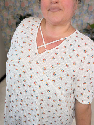 Mattie Criss-Cross Ditsy Floral Thermal Short Sleeve on Ivory-1- ShortSlv/Slvless Tops-HEIMISH-Styled by Stacked - A Plus Size Women's Boutique in Lakeville, MN