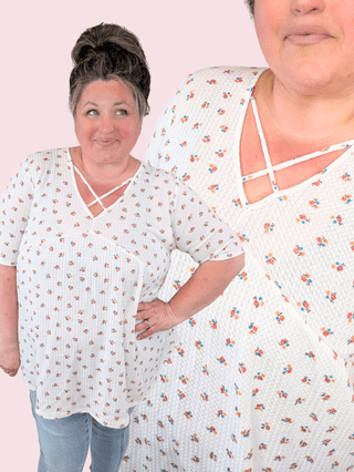 Mattie Criss-Cross Ditsy Floral Thermal Short Sleeve on Ivory-1- ShortSlv/Slvless Tops-HEIMISH-Styled by Stacked - A Plus Size Women's Boutique in Lakeville, MN