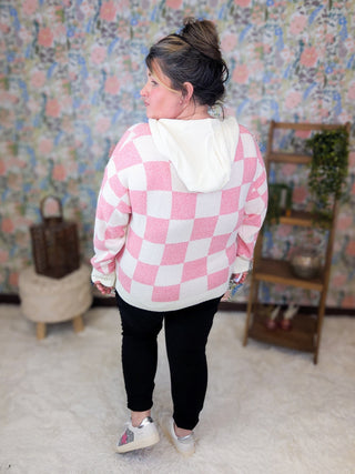 Maureen Pink Checkered Luxe Hooded Sweater-3- Hooded Tops-MICHELLE MAE-Styled by Stacked - A Plus Size Women's Boutique in Lakeville, MN