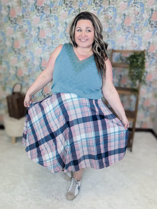 Gayle Lace Trimmed Vneck Tank in Washed Teal-1- ShortSlv/Slvless Tops-EMERALD-Styled by Stacked - A Plus Size Women's Boutique in Lakeville, MN