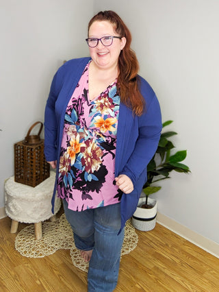 McKenna Dark Orchid Floral Kimono Sleeve Top-1- ShortSlv/Slvless Tops-WHITE BIRCH-Styled by Stacked - A Plus Size Women's Boutique in Lakeville, MN