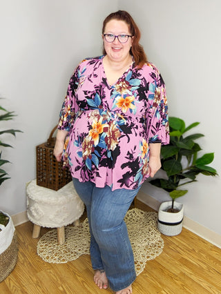 McKenna Dark Orchid Floral Kimono Sleeve Top-1- ShortSlv/Slvless Tops-WHITE BIRCH-Styled by Stacked - A Plus Size Women's Boutique in Lakeville, MN