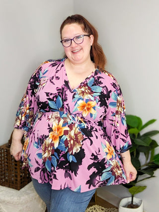 McKenna Dark Orchid Floral Kimono Sleeve Top-1- ShortSlv/Slvless Tops-WHITE BIRCH-Styled by Stacked - A Plus Size Women's Boutique in Lakeville, MN