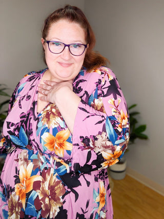 McKenna Dark Orchid Floral Kimono Sleeve Top-1- ShortSlv/Slvless Tops-WHITE BIRCH-Styled by Stacked - A Plus Size Women's Boutique in Lakeville, MN