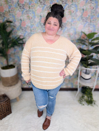 McKenzie Vneck Cozy Stripe Sweater(2 Colors)-2- Long Sleeve Tops-MICHELLE MAE-Styled by Stacked - A Plus Size Women's Boutique in Lakeville, MN
