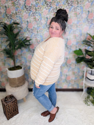 McKenzie Vneck Cozy Stripe Sweater(2 Colors)-2- Long Sleeve Tops-MICHELLE MAE-Styled by Stacked - A Plus Size Women's Boutique in Lakeville, MN