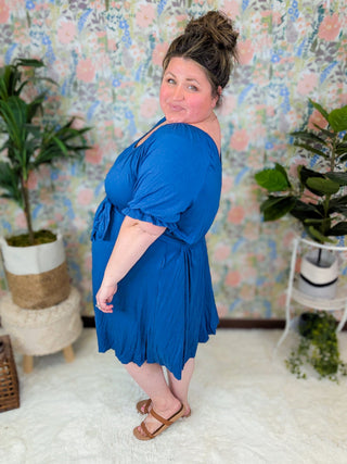 Megan Vneck Belted Comfy Dress in Denim Blue-11- Dress/Romp/Jump-WHITE BIRCH-Styled by Stacked - A Plus Size Women's Boutique in Lakeville, MN