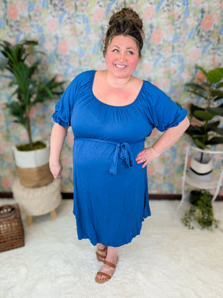 Megan Vneck Belted Comfy Dress in Denim Blue-11- Dress/Romp/Jump-WHITE BIRCH-Styled by Stacked - A Plus Size Women's Boutique in Lakeville, MN