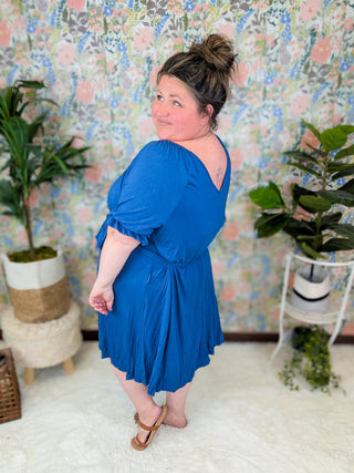 Megan Vneck Belted Comfy Dress in Denim Blue-11- Dress/Romp/Jump-WHITE BIRCH-Styled by Stacked - A Plus Size Women's Boutique in Lakeville, MN