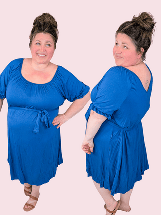 Megan Vneck Belted Comfy Dress in Denim Blue-11- Dress/Romp/Jump-WHITE BIRCH-Styled by Stacked - A Plus Size Women's Boutique in Lakeville, MN