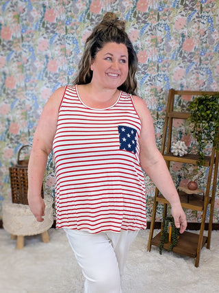 1- ShortSlv/Slvless Tops Melody Striped Tank w/Bow Back in Americana plus size clothing