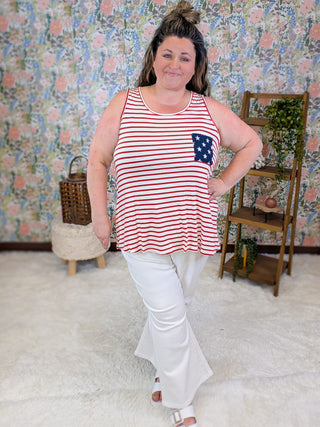 1- ShortSlv/Slvless Tops Melody Striped Tank w/Bow Back in Americana plus size clothing