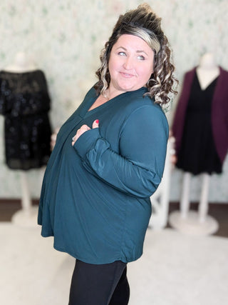 Melrose Pleated Front Vneck Long Sleeve in Solids-2- Long Sleeve Tops-WHITE BIRCH-Styled by Stacked - A Plus Size Women's Boutique in Lakeville, MN