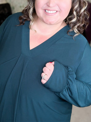 Melrose Pleated Front Vneck Long Sleeve in Solids-2- Long Sleeve Tops-WHITE BIRCH-Styled by Stacked - A Plus Size Women's Boutique in Lakeville, MN