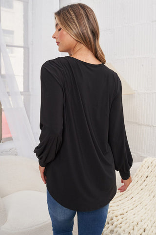 Melrose Pleated Front Vneck Long Sleeve in Solids-2- Long Sleeve Tops-WHITE BIRCH-Styled by Stacked - A Plus Size Women's Boutique in Lakeville, MN