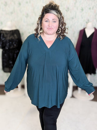 Melrose Pleated Front Vneck Long Sleeve in Solids-2- Long Sleeve Tops-WHITE BIRCH-Styled by Stacked - A Plus Size Women's Boutique in Lakeville, MN