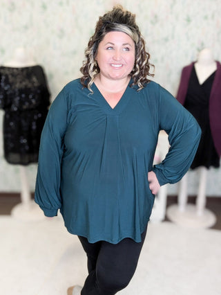 Melrose Pleated Front Vneck Long Sleeve in Solids-2- Long Sleeve Tops-WHITE BIRCH-Styled by Stacked - A Plus Size Women's Boutique in Lakeville, MN