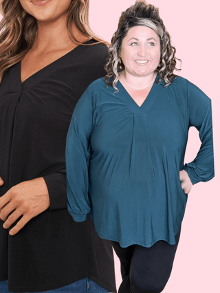 Melrose Pleated Front Vneck Long Sleeve in Solids-2- Long Sleeve Tops-WHITE BIRCH-Styled by Stacked - A Plus Size Women's Boutique in Lakeville, MN