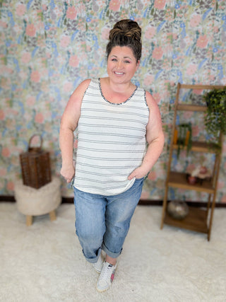 Mia Ivory Textured Stripe Tank w/Black Floral Trim-1- ShortSlv/Slvless Tops-HAPTICS-Styled by Stacked - A Plus Size Women's Boutique in Lakeville, MN