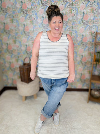 Mia Ivory Textured Stripe Tank w/Black Floral Trim-1- ShortSlv/Slvless Tops-HAPTICS-Styled by Stacked - A Plus Size Women's Boutique in Lakeville, MN