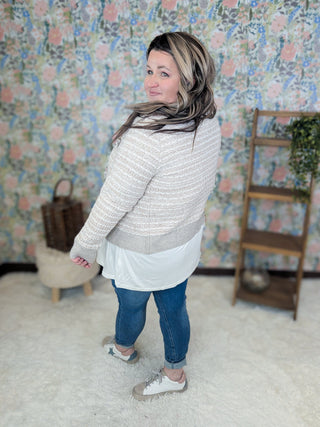 Michaela Tweed Look Cardigan w/Pearl Buttons-4- Overlayer Tops-WHITE BIRCH-Styled by Stacked - A Plus Size Women's Boutique in Lakeville, MN