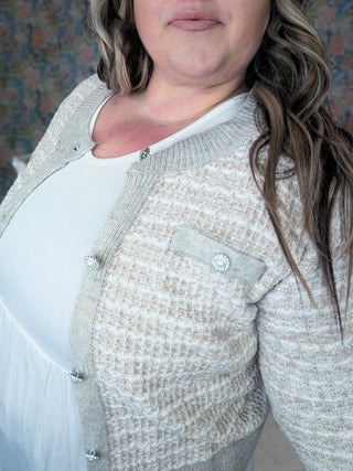 Michaela Tweed Look Cardigan w/Pearl Buttons-4- Overlayer Tops-WHITE BIRCH-Styled by Stacked - A Plus Size Women's Boutique in Lakeville, MN