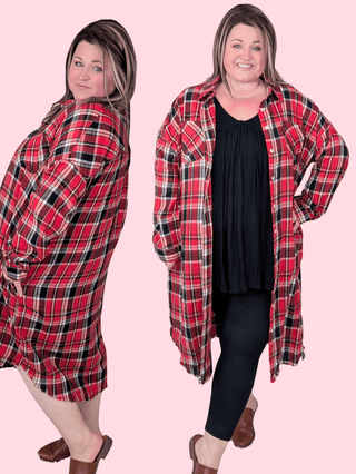 Madeline Buttondown Shirt Dress in Red + Black Plaid-11- Dress/Romp/Jump-WHITE BIRCH-Styled by Stacked - A Plus Size Women's Boutique in Lakeville, MN