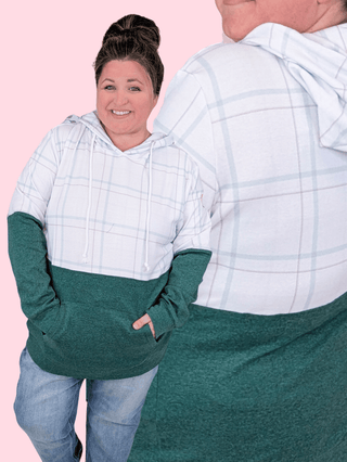PHC- Mint + Berry Plaid Topped Pullover Hoodie-3- Hooded Tops-MICHELLE MAE-Styled by Stacked - A Plus Size Women's Boutique in Lakeville, MN