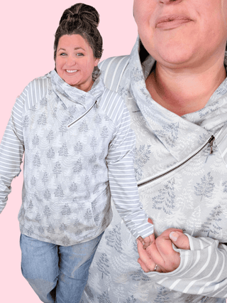 PHC- Gray Trees + Stripes Triple Stretch Zipcowl-3- Hooded Tops-MICHELLE MAE-Styled by Stacked - A Plus Size Women's Boutique in Lakeville, MN