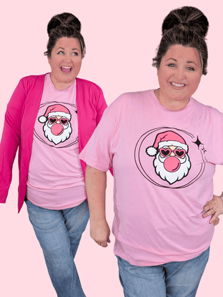 Bubblegum Santa Tee on Pink-6- Graphic Tops-Stacked - A Plus Size Boutique-Styled by Stacked - A Plus Size Women's Boutique in Lakeville, MN