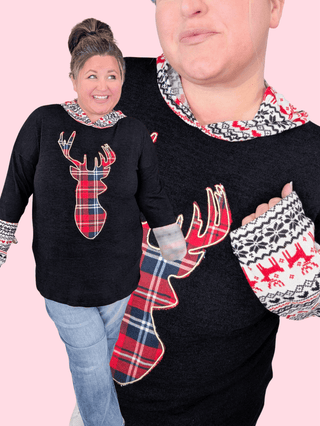 Reindeer Patch Hooded Top in Black-2- Long Sleeve Tops-HEIMISH-Styled by Stacked - A Plus Size Women's Boutique in Lakeville, MN