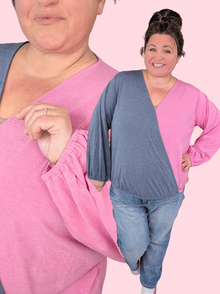 Aster Split Colorblock Surplice Top in Pink + Charcoal-2- Long Sleeve Tops-EMERALD-Styled by Stacked - A Plus Size Women's Boutique in Lakeville, MN