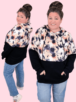 PHC Pullover Hoodie in Abstract Neutral Floral + Black-Hoodie-Michelle Mae-Styled by Stacked - A Plus Size Women's Boutique in Lakeville, MN