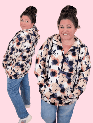 PHC- Cozy Cloud Half Zip Hoodie in Abstract Neutral Floral-2- Long Sleeve Tops-Michelle Mae-Styled by Stacked - A Plus Size Women's Boutique in Lakeville, MN